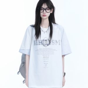 White Oversized Short Sleeve T-Shirt with American Retro Badge Print for Women, Casual Loose Fit, Y2K Style