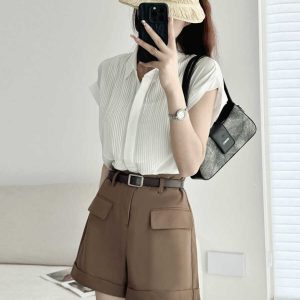 White Pleated Short-Sleeve Shirt for Women - Loose Fit, Single-Breasted, Skin-Friendly, Slimming Summer Casual Top