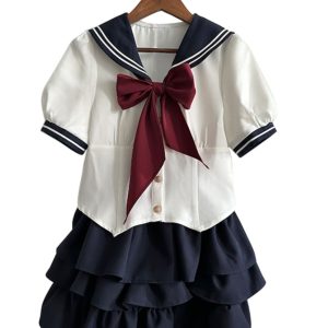 White Short-Sleeve Sailor Suit JK Uniform Set with Waist-Cinching Design - Cute Pudding Bear Style for Y2K Fashion