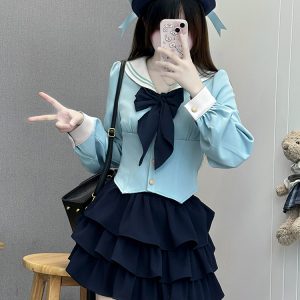 White Short-Sleeve Sailor Suit JK Uniform Set with Waist-Cinching Design - Cute Pudding Bear Style for Y2K Fashion
