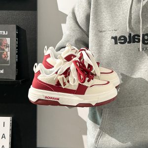 Wine Red Women's Sneakers - Summer Mesh Breathable Thick-Soled Board Shoes - Trendy Casual Style for Women