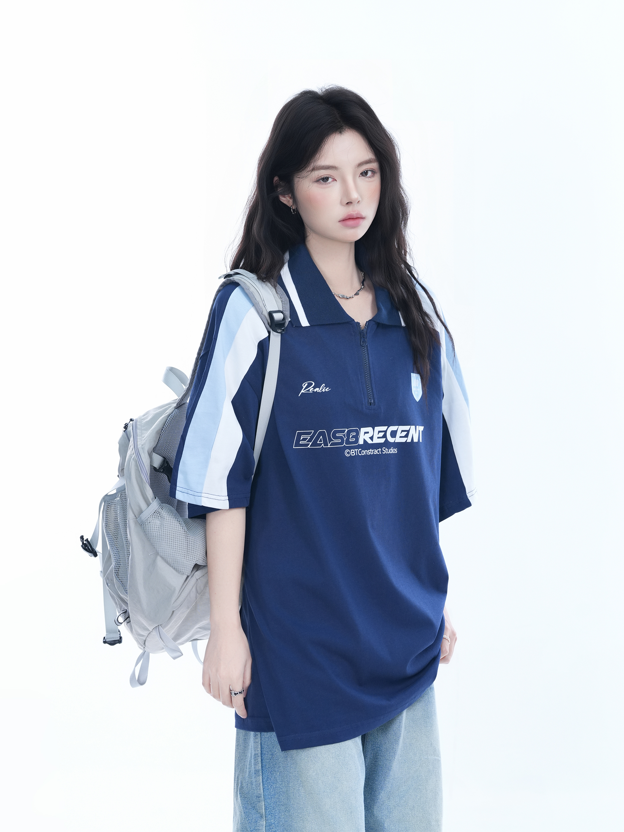 Women's American College Style Half-Zip Collar Short Sleeve T-Shirt - Loose Fit Summer Sports Top