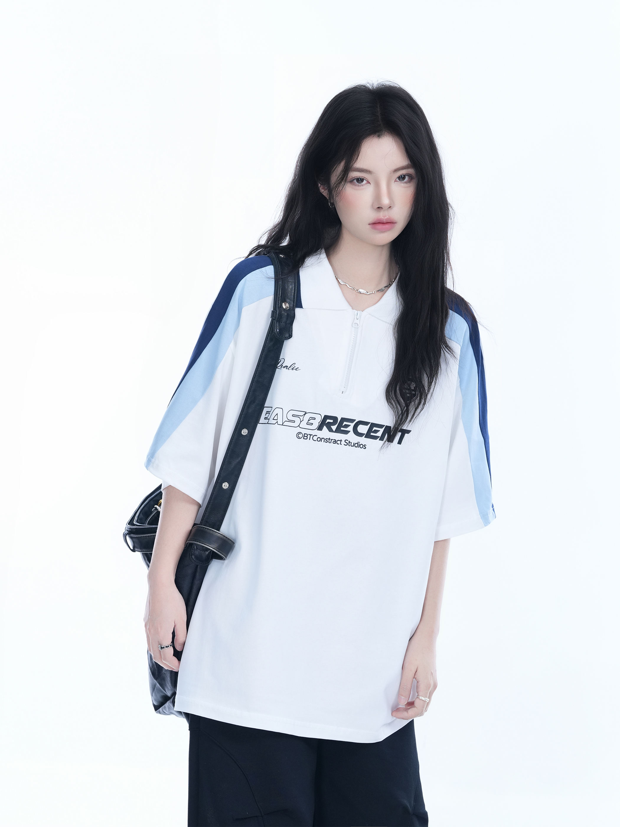 Women's American College Style Half-Zip Collar Short Sleeve T-Shirt - Loose Fit Summer Sports Top