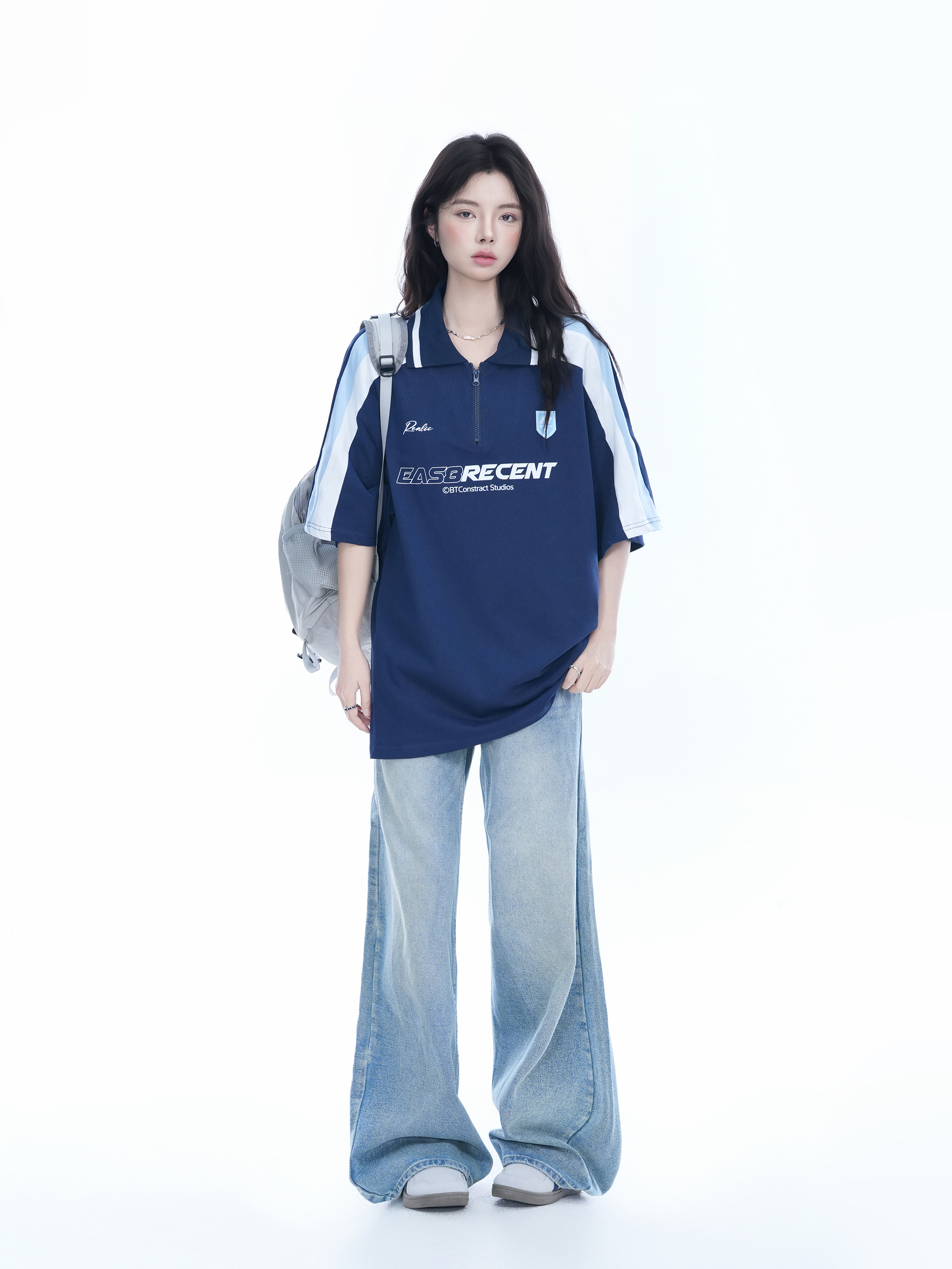 Women's American College Style Half-Zip Collar Short Sleeve T-Shirt - Loose Fit Summer Sports Top