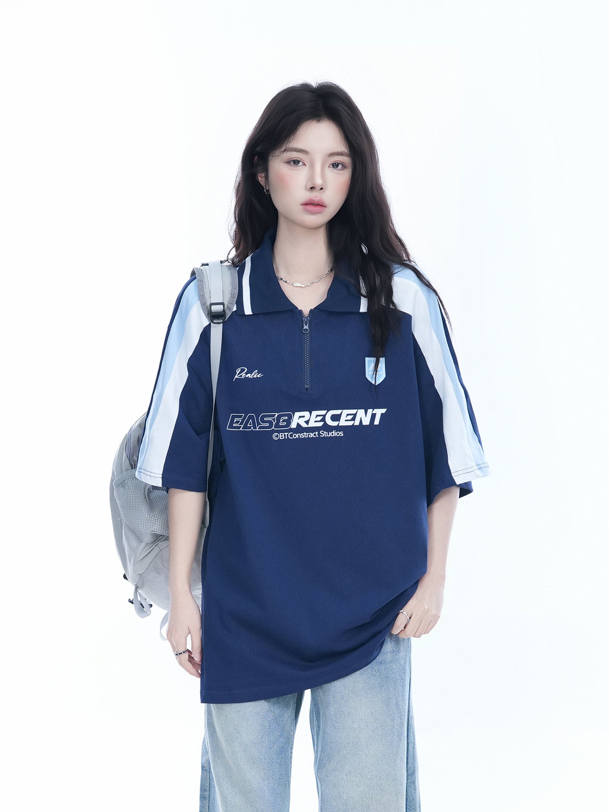 Women's American College Style Half-Zip Collar Short Sleeve T-Shirt - Loose Fit Summer Sports Top