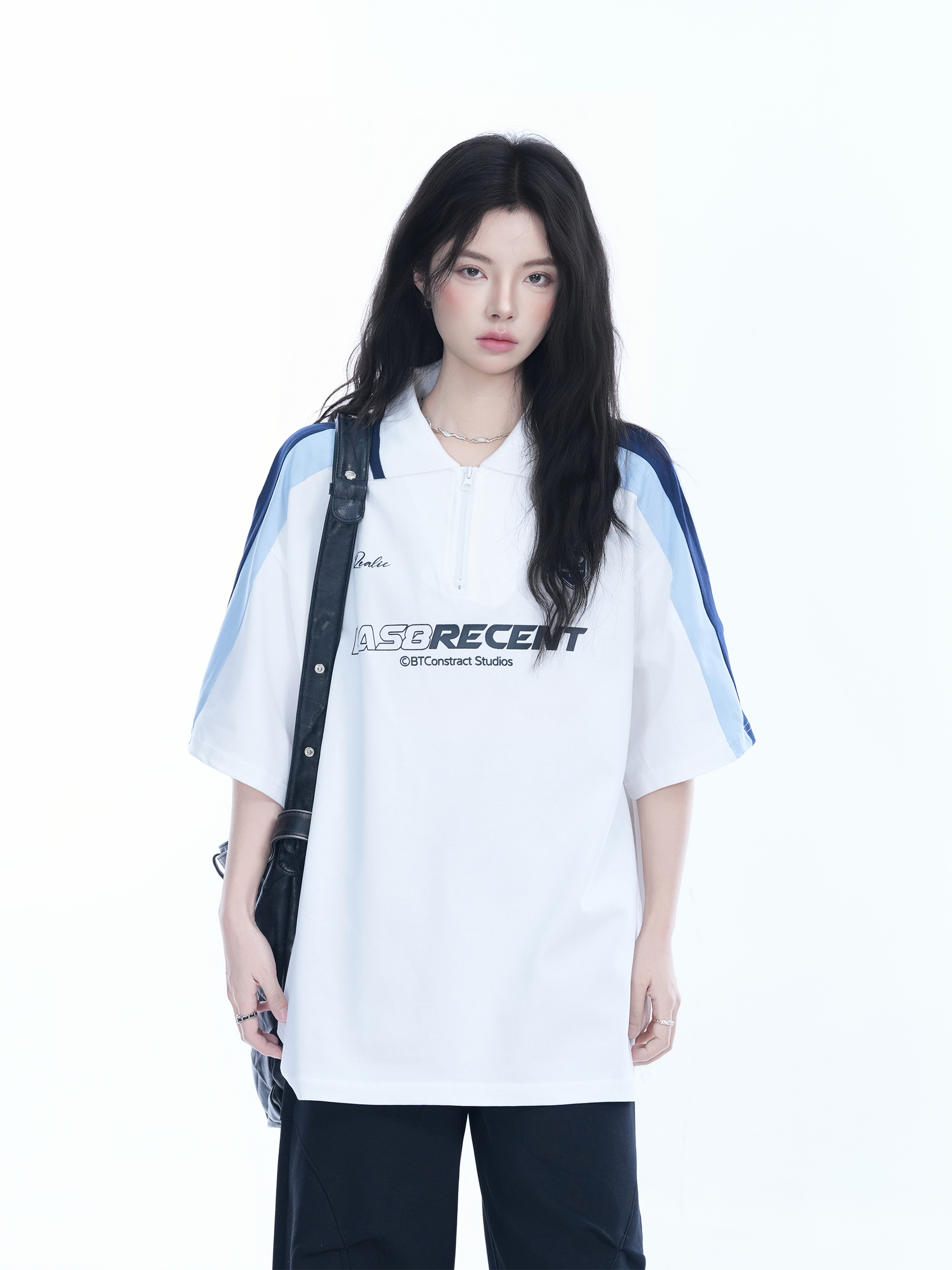 Women's American College Style Half-Zip Collar Short Sleeve T-Shirt - Loose Fit Summer Sports Top