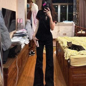 Women's American Retro Plaid Patchwork Embroidered Letter Short Sleeve Cropped T-Shirt - Summer Slim Fit Y2K Style