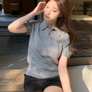 Women's American Vintage Polo Shirt, Gray Knitted Short Sleeve with Letter Embroidery, Casual Summer Style Top