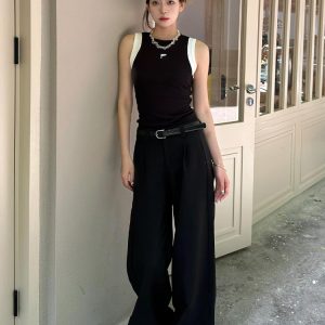 Women's Black Slim Fit Fake Two-Piece Tank Top - American Style 2025 Summer Sports Camisole