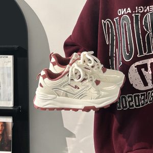 Women's Breathable Mesh Lightweight Soft-Soled Dad Shoes in Wine Red - Versatile Y2K White Sneakers for Everyday Style