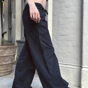 Women's Casual Wide Leg Pants - Simple Deep Blue Low Waist Elastic Drawstring Draped Street Style Trousers