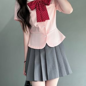Women's College Style JK Uniform Set - Pudding Bear Original Waist-Defining Short Sleeve Shirt - Summer 2025 Fashion