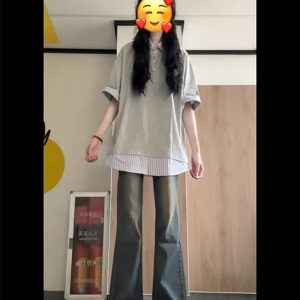 Women's College Style Patchwork Striped Faux Two-Piece Polo Collar Short-Sleeve T-Shirt - Unique Gray Summer Top