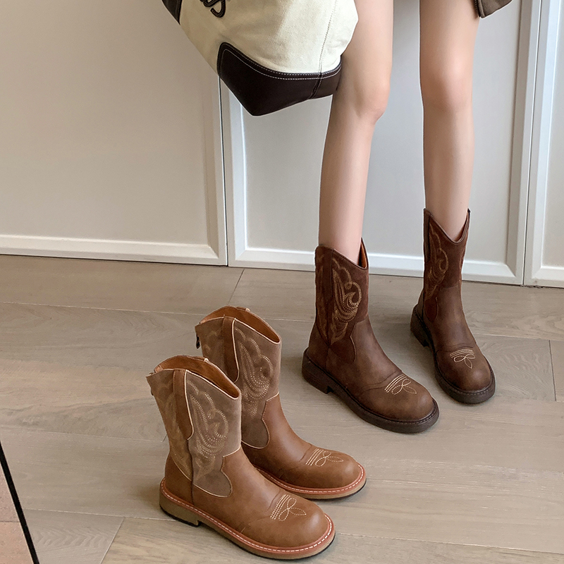 Women's Genuine Leather Embroidered Western Short Boots - British Retro Knight Style, Summer Martin Boots, European & American Fashion