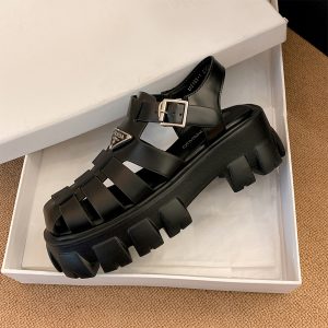 Women’s Genuine Leather Thick-Soled Height-Increasing Roman Sandals, Trendy Hollow Woven Closed-Toe Design for Summer Style