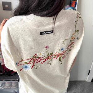 Women's Gray Floral Embroidered High Street T-Shirt - Summer Short Sleeve Heavyweight Cotton Top, Trendy American Style