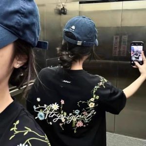 Women's Gray Floral Embroidered High Street T-Shirt - Summer Short Sleeve Heavyweight Cotton Top, Trendy American Style