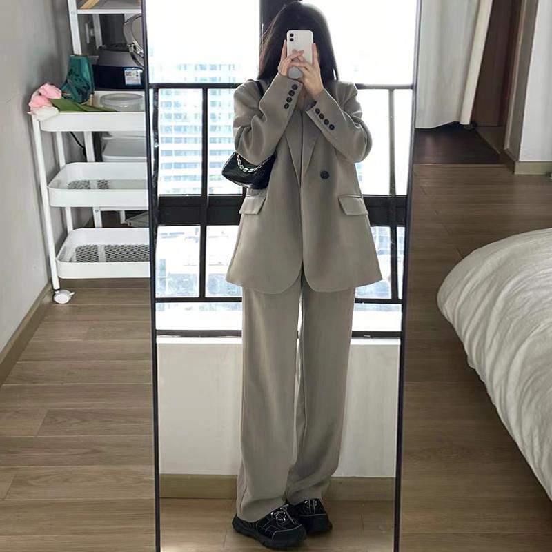 Women's Gray Suit Set - Casual Blazer & Wide-Leg Pants, Chic 2025 Style, High-End Feel, Perfect for Petite Sizes