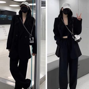 Women's Gray Suit Set - Casual Blazer & Wide-Leg Pants, Chic 2025 Style, High-End Feel, Perfect for Petite Sizes
