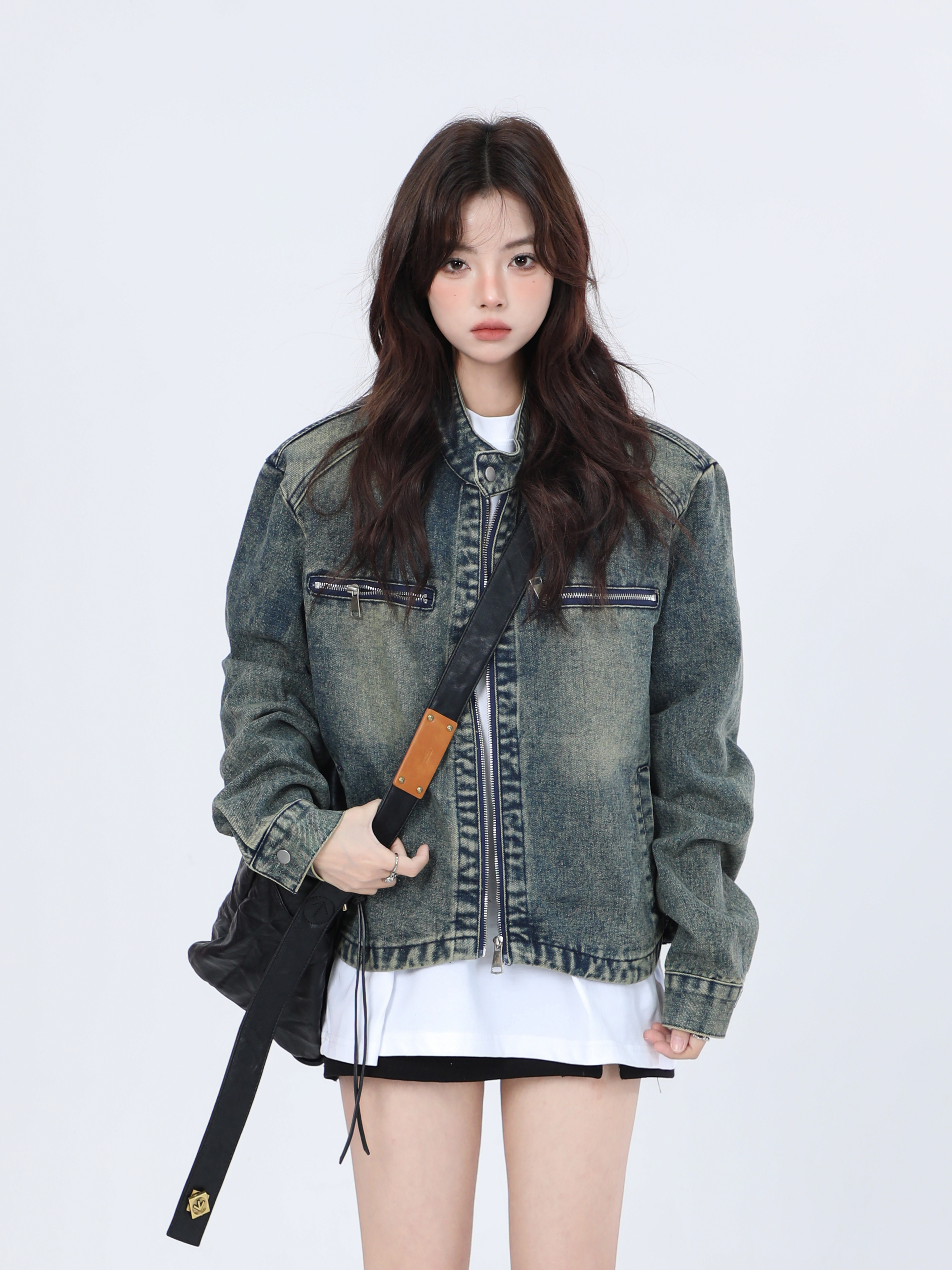 Women's Hip-Hop Loose Short Denim Jacket with Stand Collar - Unique American Street Style