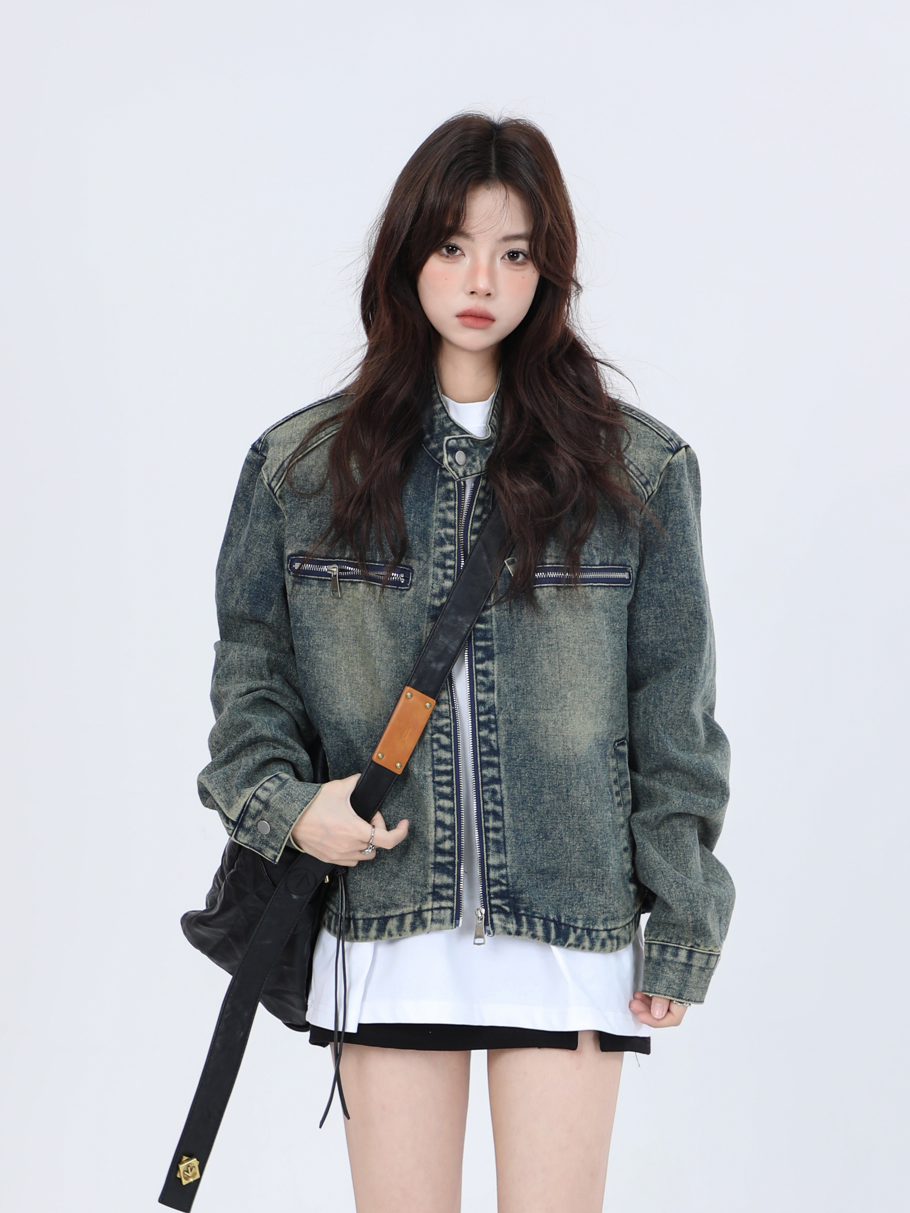 Women's Hip-Hop Loose Short Denim Jacket with Stand Collar - Unique American Street Style