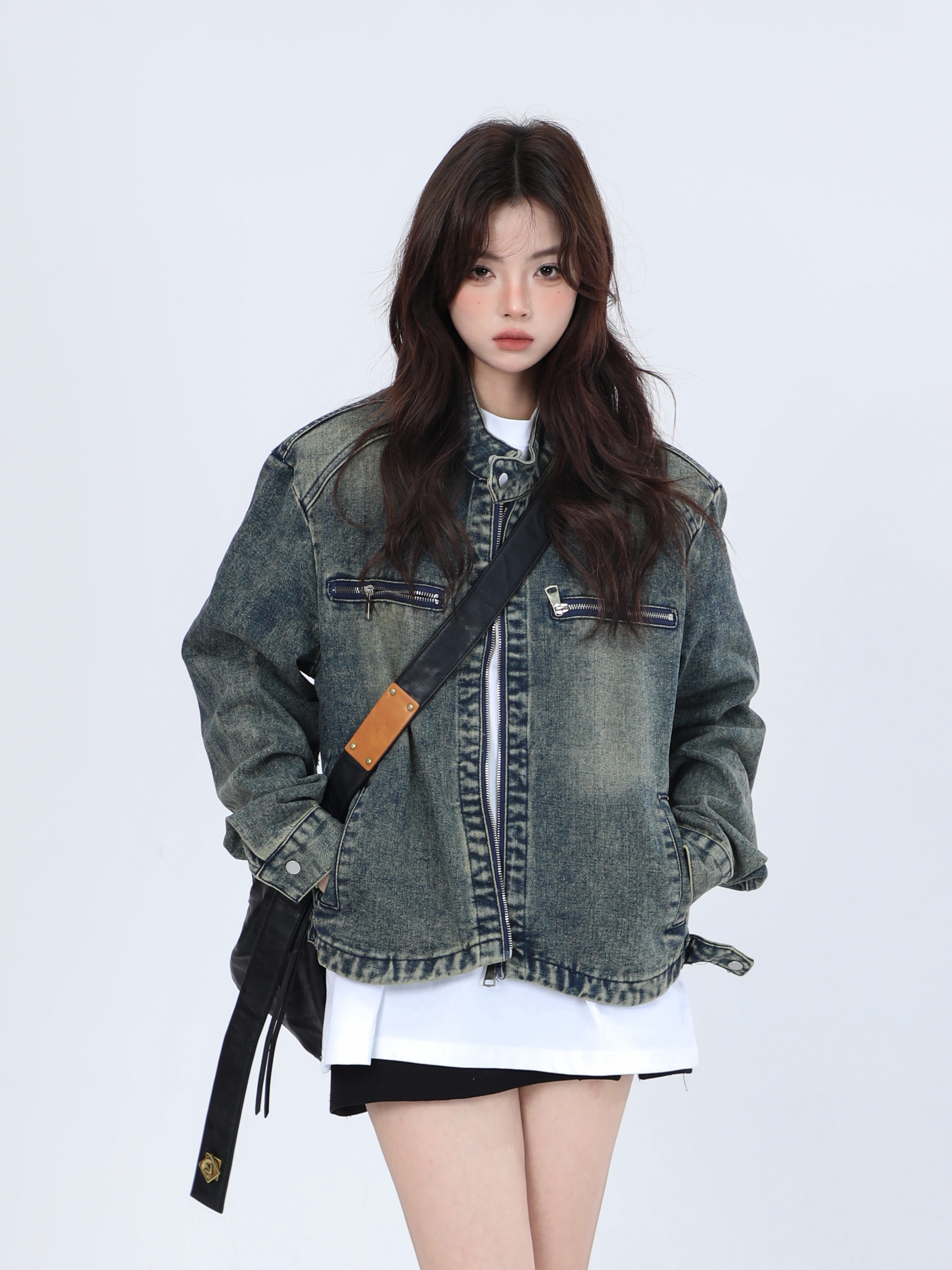 Women's Hip-Hop Loose Short Denim Jacket with Stand Collar - Unique American Street Style