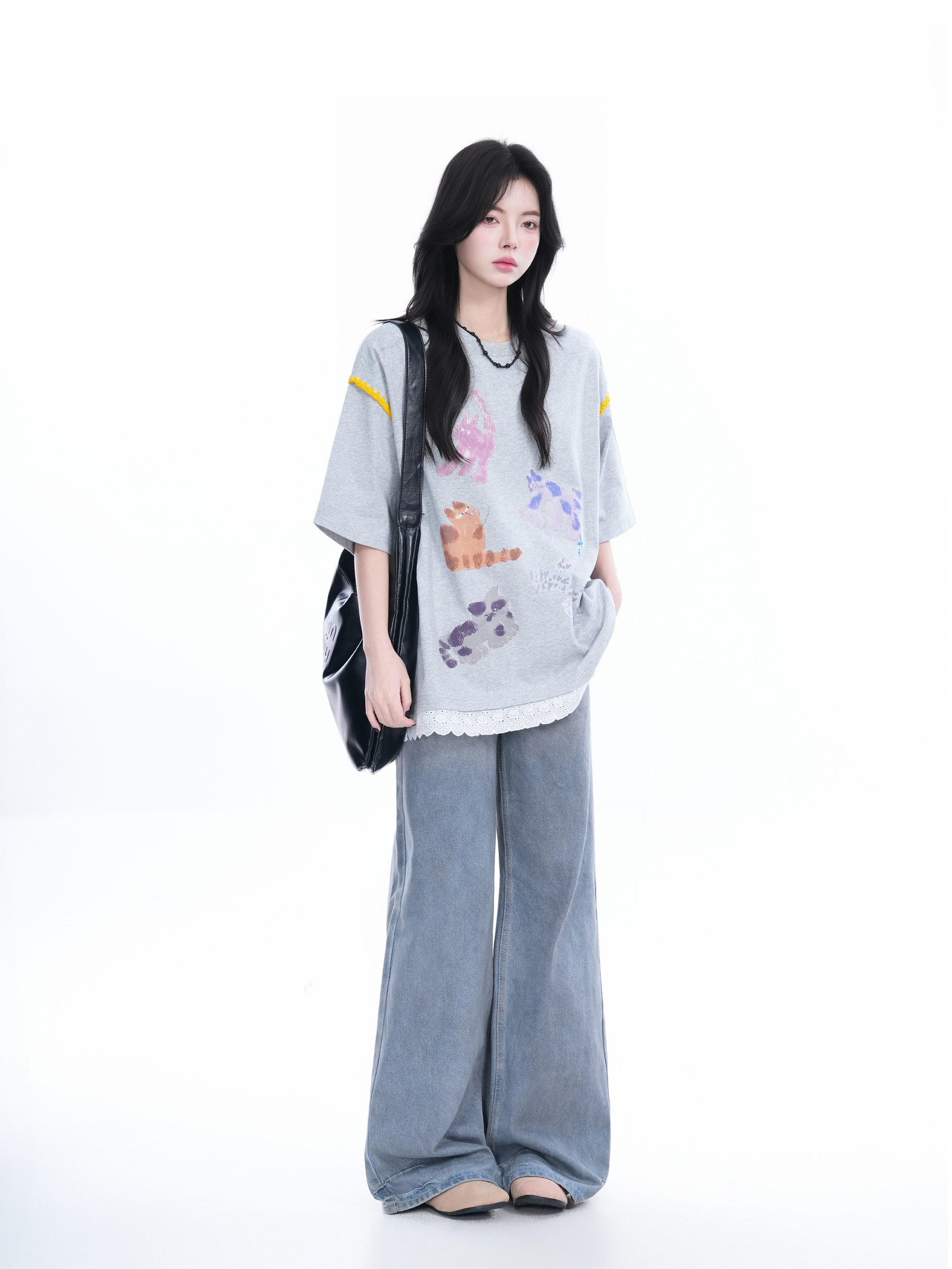 Women's Loose Cute Fake Two-Piece Lace Spliced Cat Graffiti Short Sleeve T-Shirt - Trendy Y2K Style