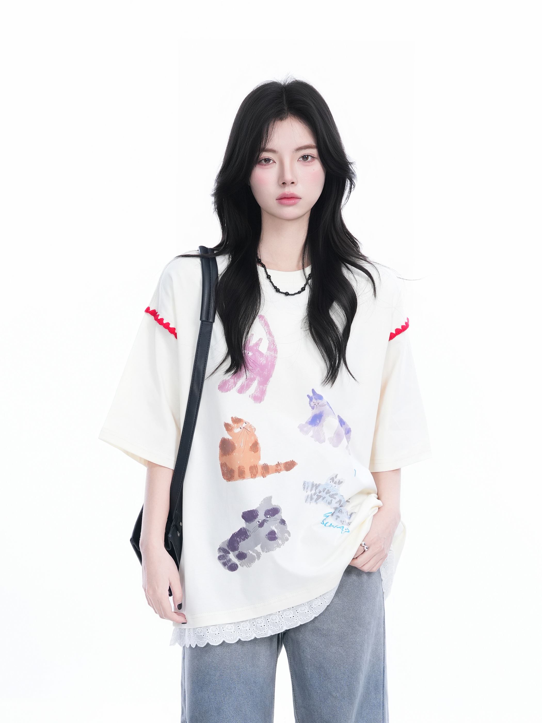 Women's Loose Cute Fake Two-Piece Lace Spliced Cat Graffiti Short Sleeve T-Shirt - Trendy Y2K Style