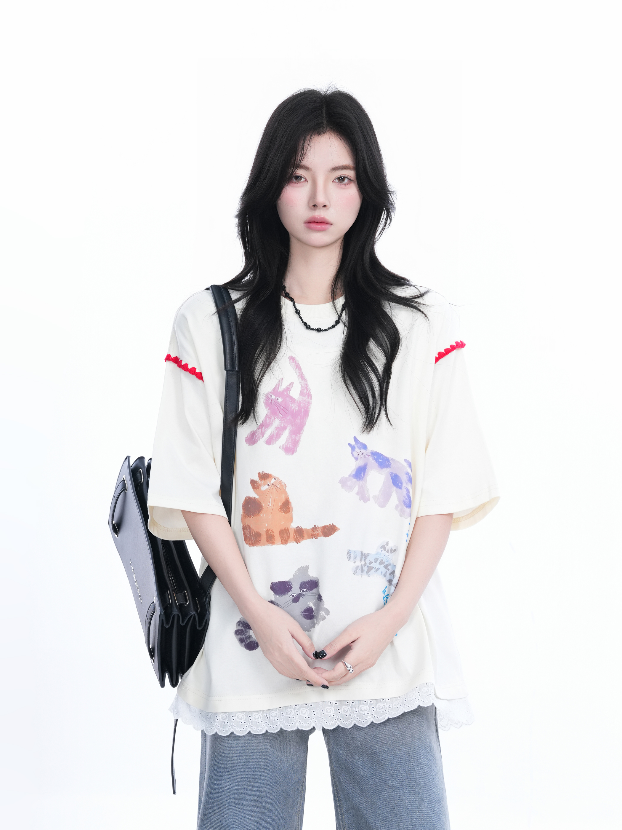 Women's Loose Cute Fake Two-Piece Lace Spliced Cat Graffiti Short Sleeve T-Shirt - Trendy Y2K Style