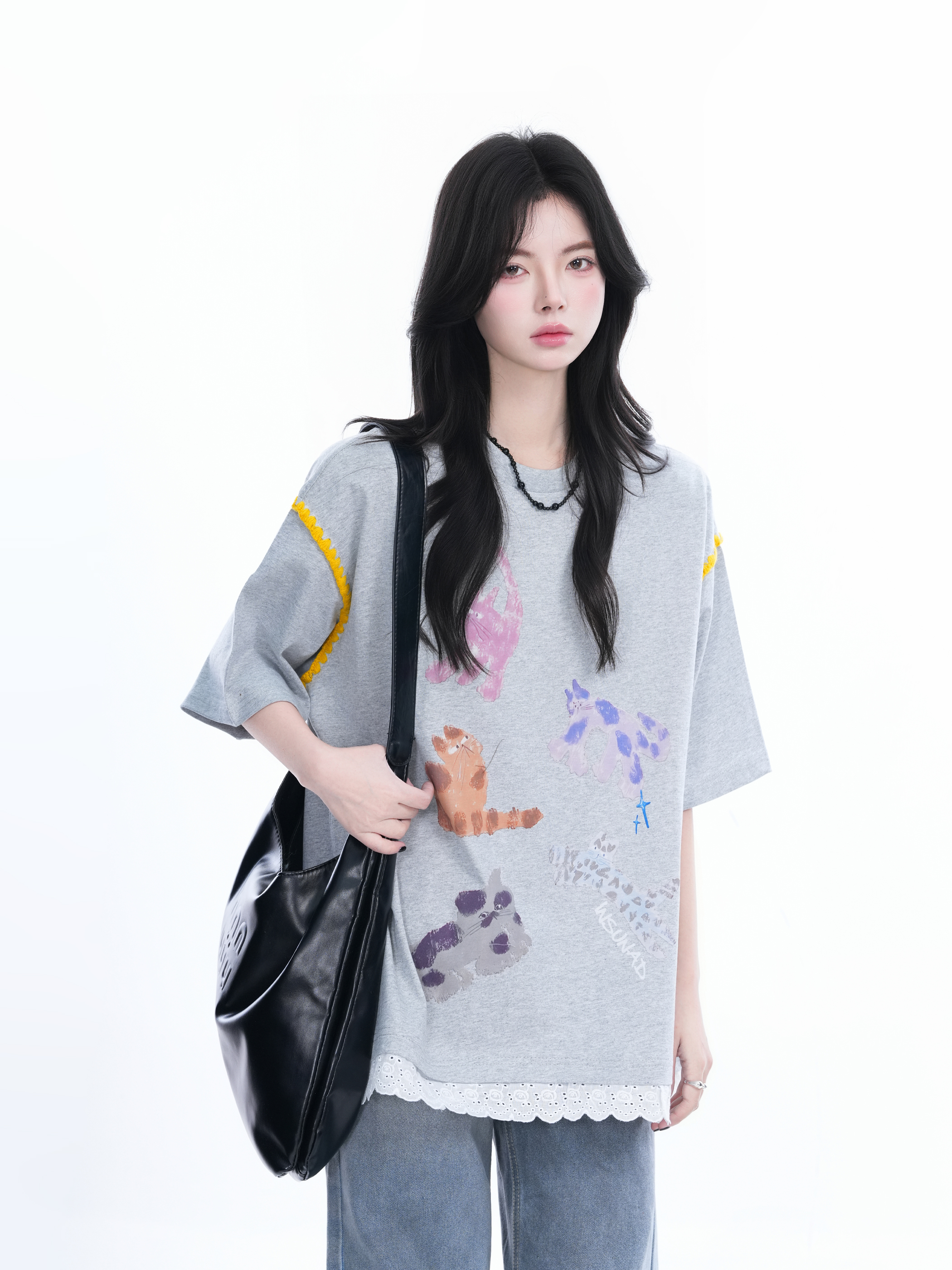 Women's Loose Cute Fake Two-Piece Lace Spliced Cat Graffiti Short Sleeve T-Shirt - Trendy Y2K Style