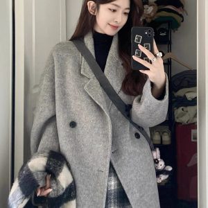Women's Mid-Length Down Jacket with Cashmere Lining, 2024 Winter Thick Woolen Overcoat in Oatmeal Color