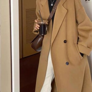 Women's Mid-Length Down Jacket with Cashmere Lining, 2024 Winter Thick Woolen Overcoat in Oatmeal Color