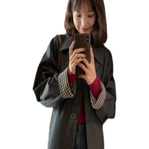 Women's Mid-Length Trench Coat - 2025 Spring Autumn Plaid Chic Style, Small Size, Korean Fashion for Early Fall