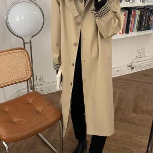 Women's Mid-Length Trench Coat - 2025 Spring Autumn Plaid Chic Style, Small Size, Korean Fashion for Early Fall