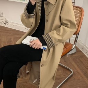 Women's Mid-Length Trench Coat - 2025 Spring Autumn Plaid Chic Style, Small Size, Korean Fashion for Early Fall