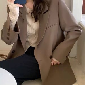 Women's Oversized Black Double-Breasted Suit Jacket - Trendy 2025 Spring Style, Loose Silhouette, High-End Fashion