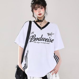 Women's Oversized Color-Block V-Neck T-Shirt - Retro Casual Summer Short Sleeve Top
