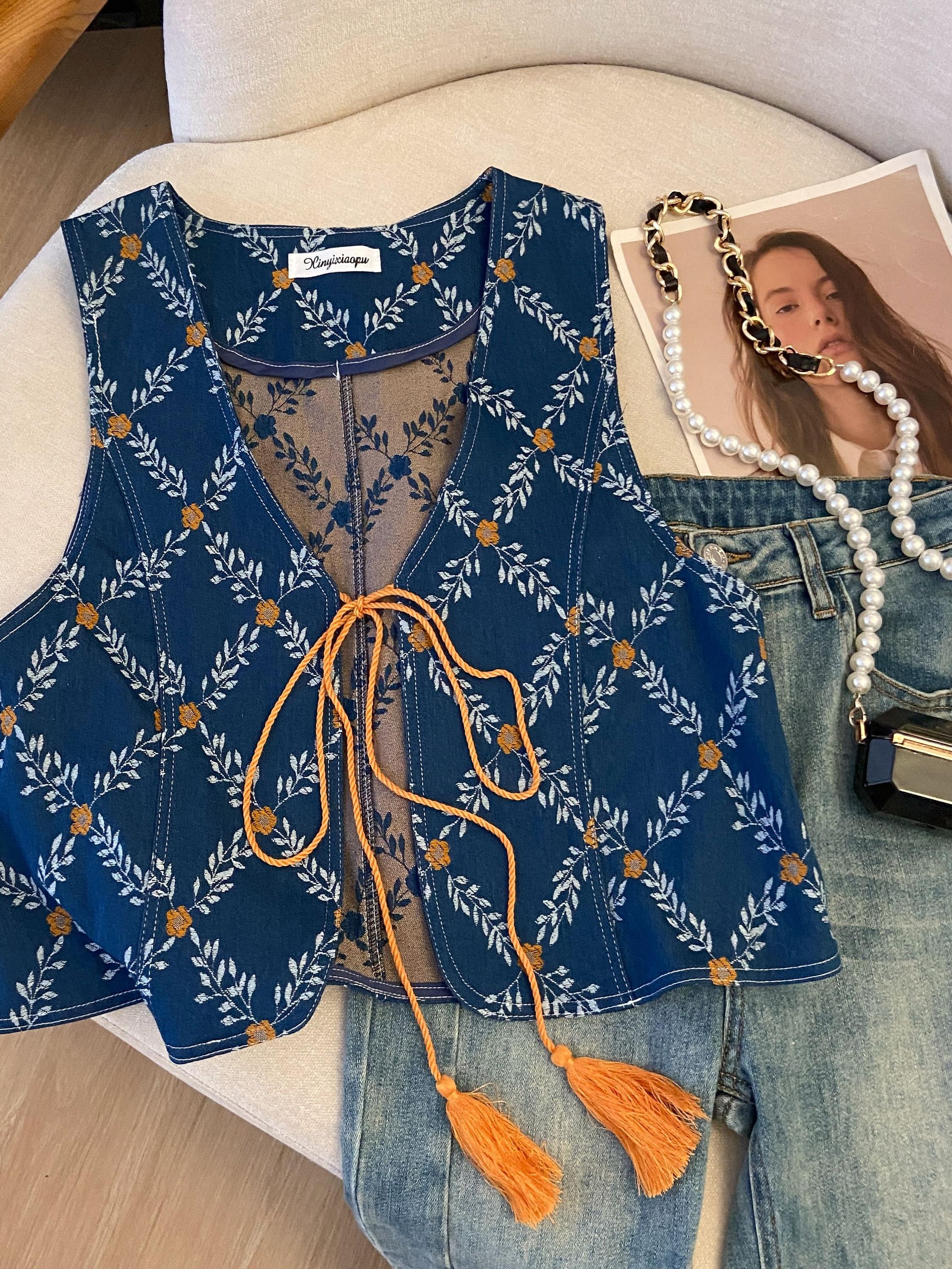 Women's Retro Jacquard Denim Vest - Ethnic Style Color-Blocked Outerwear with V-Neck and Tassel Tie-Back - Perfect for Travel