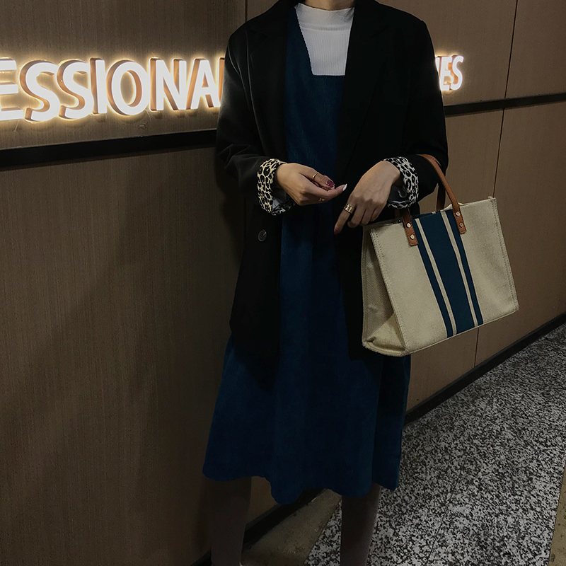 Women's Striped Canvas Briefcase Handheld Crossbody Bag, Minimalist Large Capacity Professional Style for Students and Work