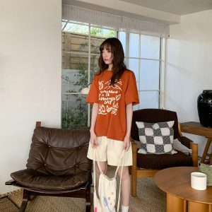 Women's Summer 2025 Loose Slim Round Neck Printed T-Shirt - Simple Element Design, Short Sleeve, Casual Style