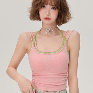 Women's Summer Fake Two-Piece Camisole with Chest Pads, Double Shoulder Straps, Sweet Spicy Inner Outer Wear Top