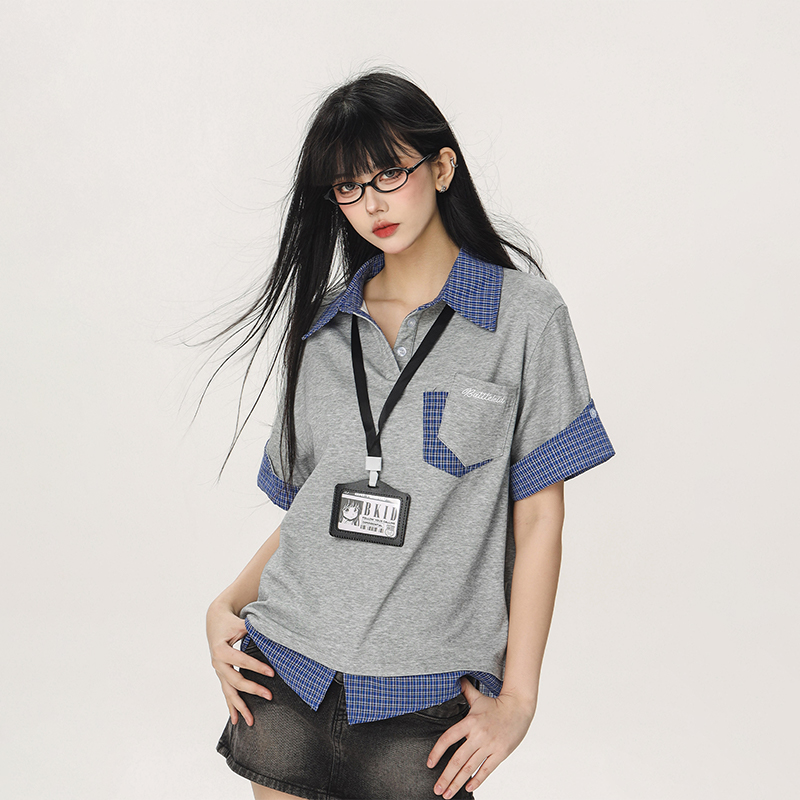Women's Summer Fake Two-Piece Short Sleeve T-Shirt - American Style Beer Team Captain Polo Top in Niche Design