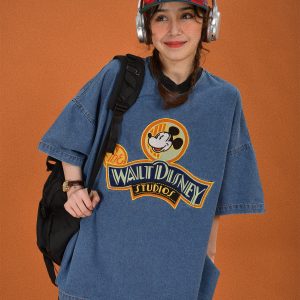 Women's Vintage Cartoon Embroidery Short Sleeve Denim T-Shirt - Loose Fit Round Neck Summer Top, Y2K Style