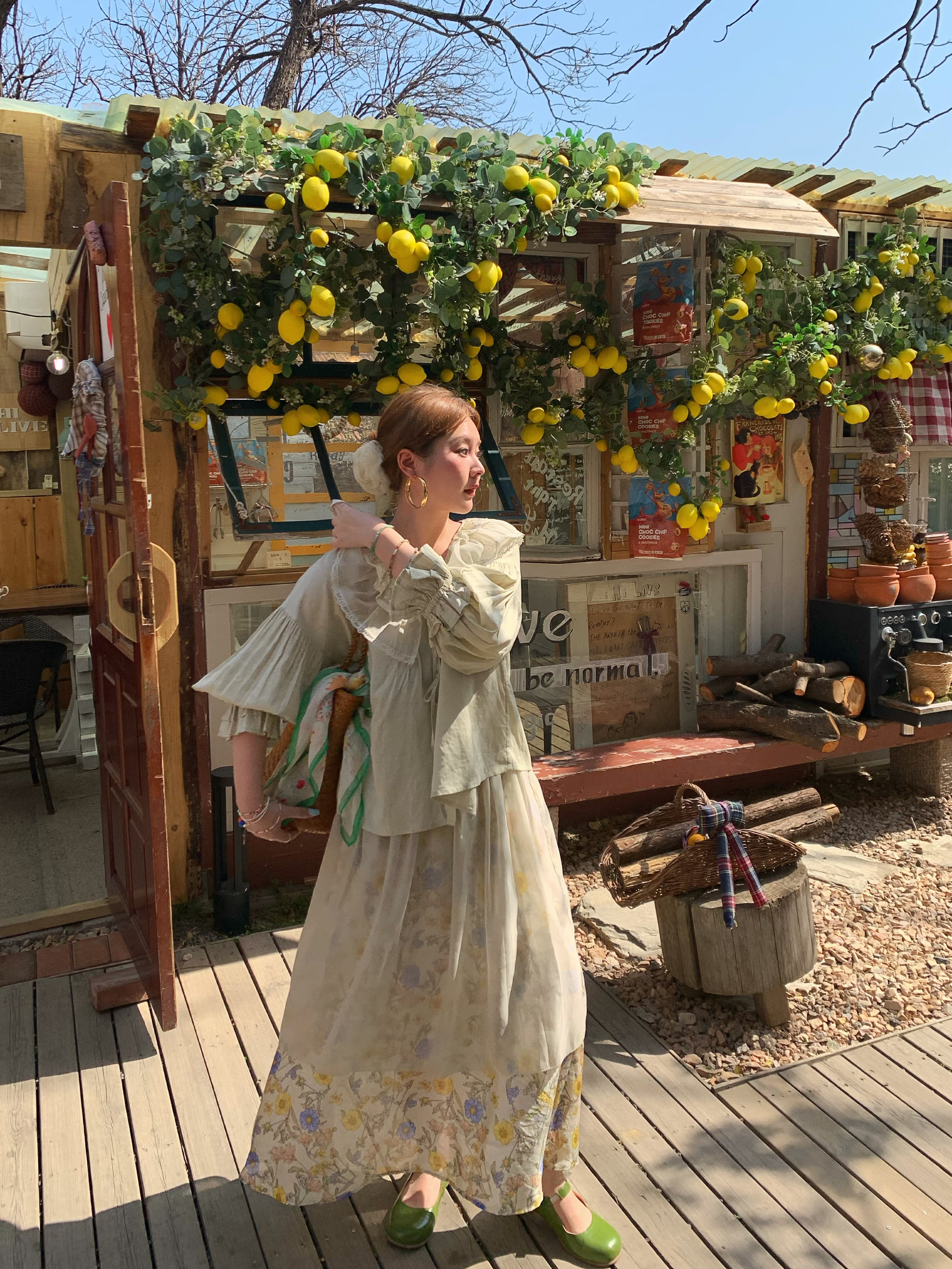 Women's Vintage Green Ruffled Linen Shirt and Floral A-Line Skirt Set - Summer Fashion, Boho Style, Perfect for 90s Inspired Looks