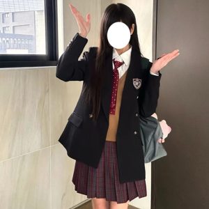 Women's Waist-Defined Pudding Bear JK Uniform Set Jacket - Small Size, Trendy 2025 Style, Perfect for Y2K and Korean Fashion