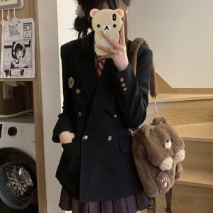 Women's Waist-Defined Pudding Bear JK Uniform Set Jacket - Small Size, Trendy 2025 Style, Perfect for Y2K and Korean Fashion