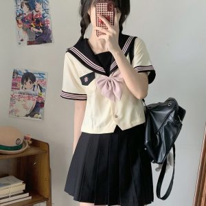 Women's Waist-Defined Sailor Suit Uniform Set - Camellia & Book Custard Short Sleeve College Style Summer Fashion