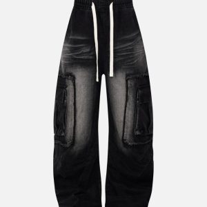 Concert Outfit Distressed Raw Edge Cargo Drawstring Barrel Jeans