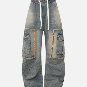 Concert Outfit Distressed Raw Edge Cargo Drawstring Barrel Jeans