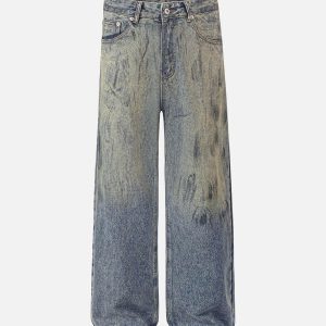 Concert Outfit Distressed Washed Ink Splashed Straight Jeans